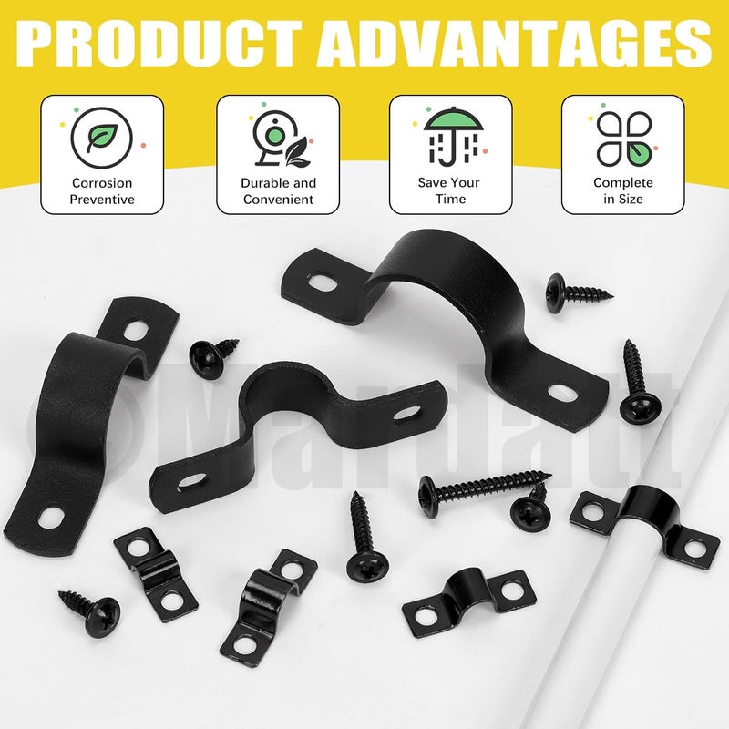 Mardatt 10 Set 3/4”(20mm) Two Hole Pipe Strap Clamp, Carbon Steel Rigid U Bracket Clamps U-Tube Strap Clamp Conduit Clamps with Self-Tapping Screws for Pipe Fixing, Black - Image 4